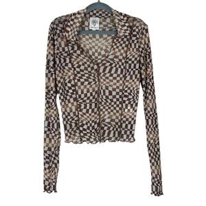 Self Esteem Mesh Top Womens XS Brown White Checker Sheer Psychedelic Y2K Retro